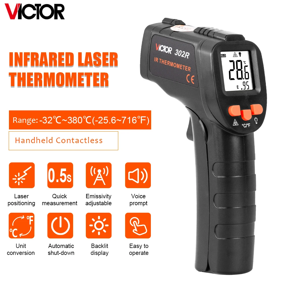 VICTOR 32R Non-Contact Infrared Thermometer,Handheld Digital Laser Gun for Instant Measurement (-32°C to 380°C)
