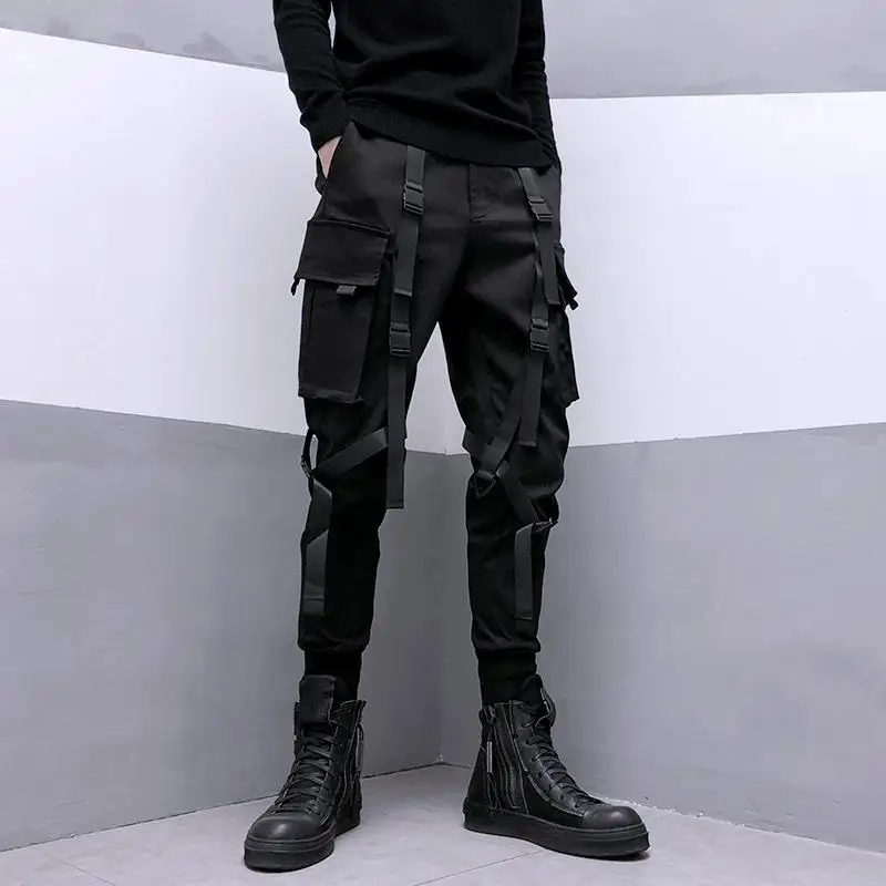 Pantalones Cargo negros para hombre, pantalones con bolsillo con cinta, ropa informal japonesa, Hip Hop, Harajuku, moda Harem, primavera 2024