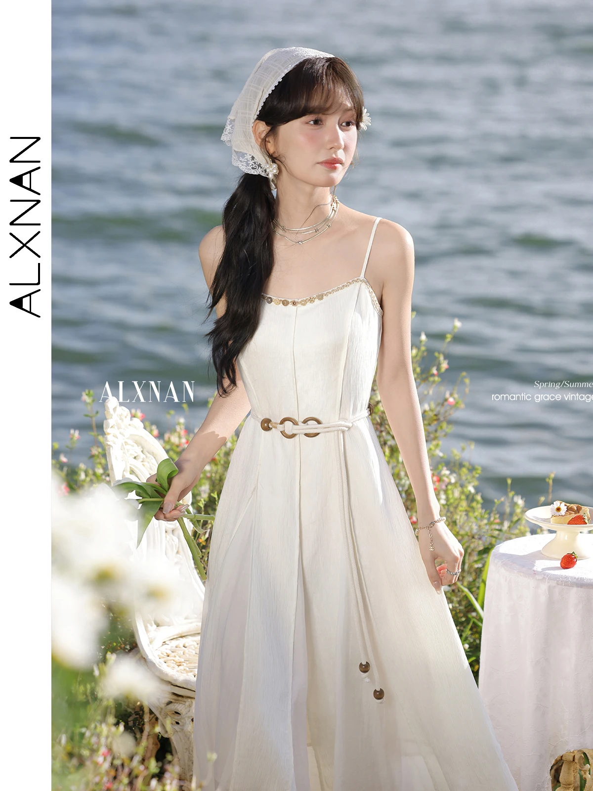

ALXNAN Women's Sleeveless Dress Long A-line Braided Neckline Belt Dress 2025 Autumn Elegant Holiday Beach Female Clothing L52825
