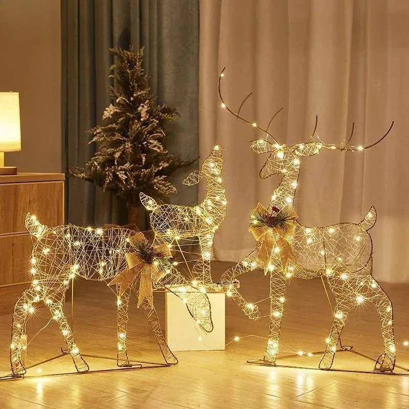 for Christmas Luminous Wrought Iron Deer Window Decoration for Christmas Deer Pull Car with Light Gift Box Desktop Bright