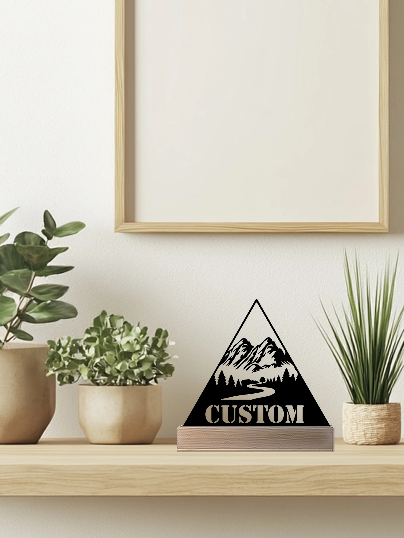 1pc Modern view scene Custom Name Tin Statue Metal Ornament With Wood Base Iron Sculpture Art Figurine With Wood Base