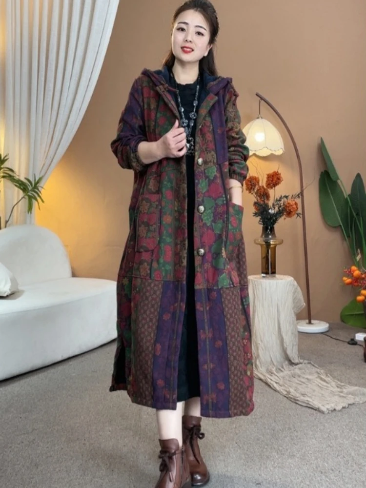 Vintage Floral Print Long Cotton Coat Women Autumn Winter Fur Lined Trench Coat Single-breasted Parkas Warm Loose Outerwear Chic