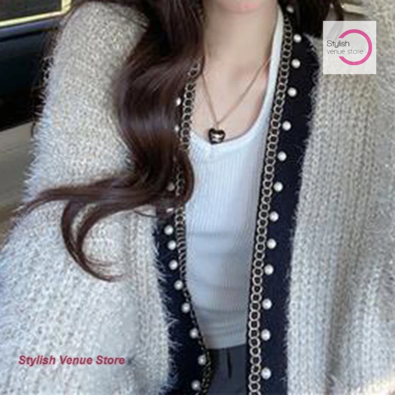 

Korean-style fragrant beaded bright silk fluffy chain sweater coat women's autumn and winter high-end temperament loose top