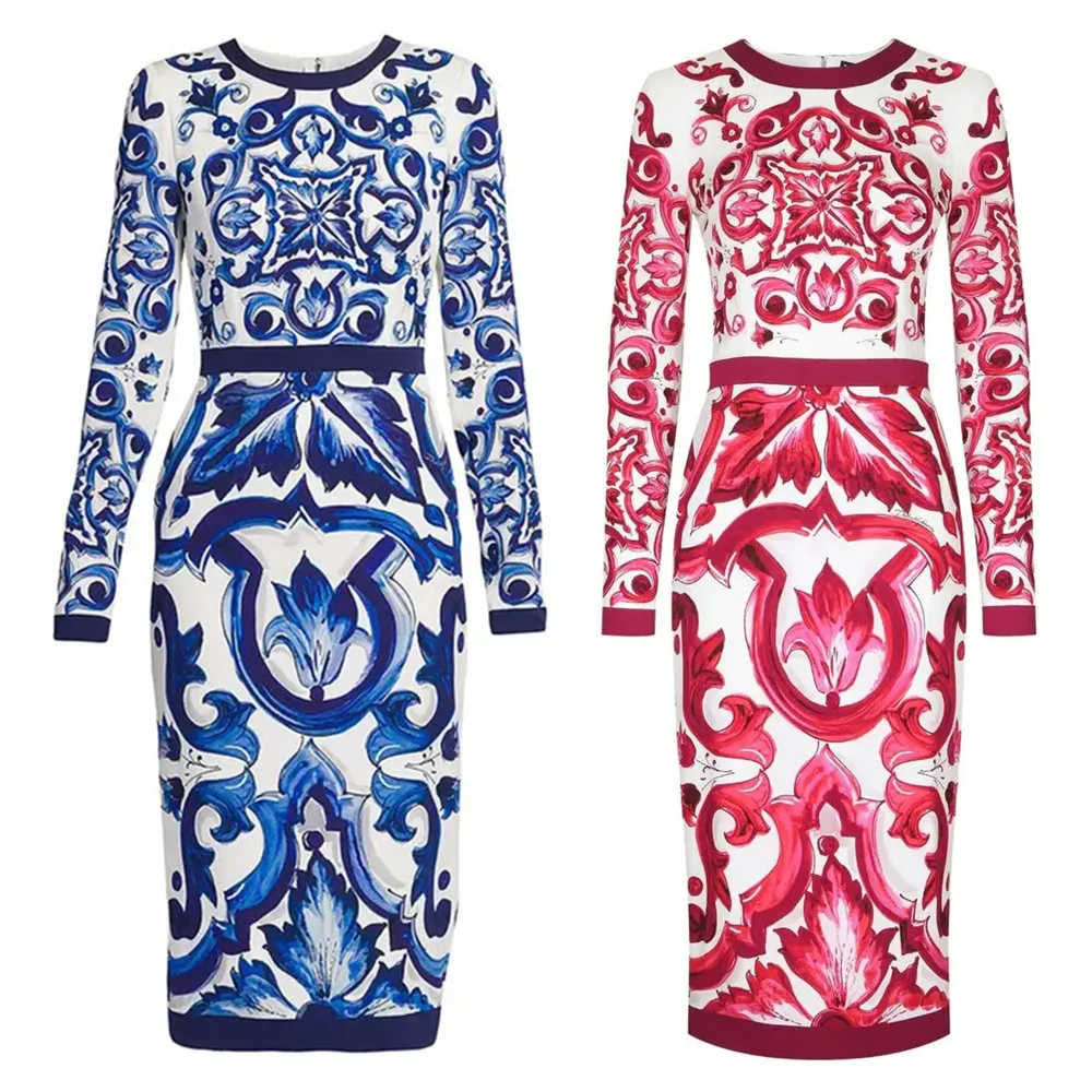 Luxury Designer Inspired High Quality Women Long Sleeve 100% Silk Blue And White Porcelain Print Midi Dress