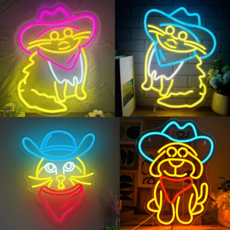 

Cowboy Dog am Cat Neon Sign for Wall Decoration Dog Strap Cowboy Hat LED Light Sign for Pet Store, Bedroom, Wall, Home,