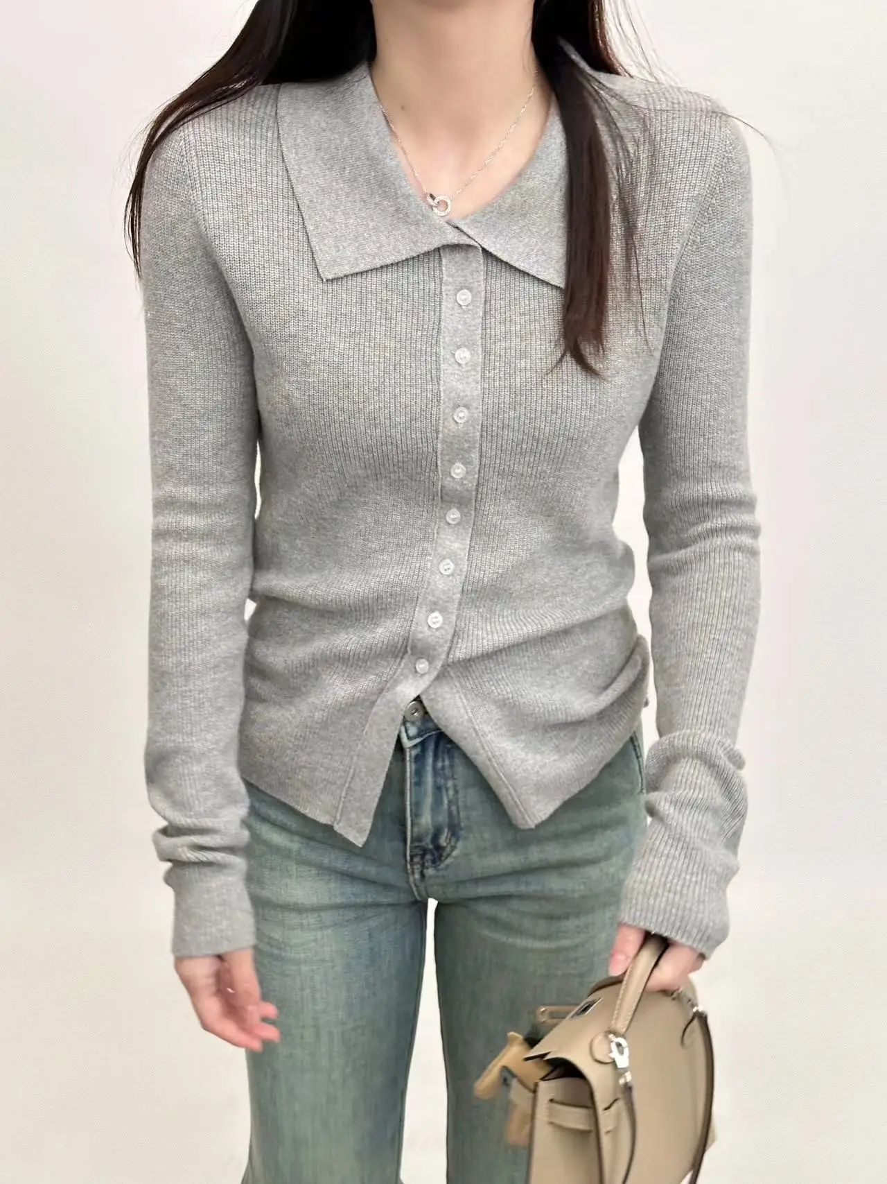 

Pure Cotton Knitted Ne Open Cardigan Long Sve Flip Collar ey Women's Slim Fit Comfortable Sle Korean Faion