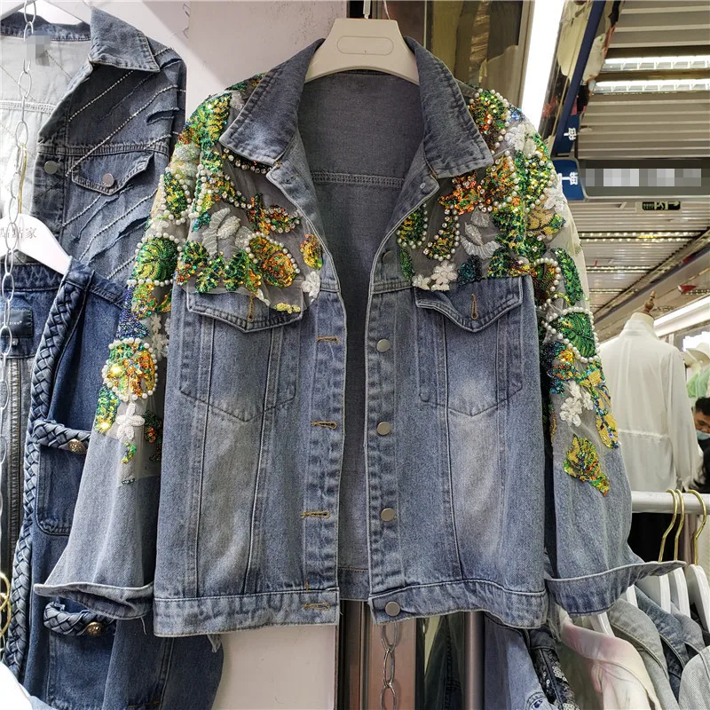 

Beading Diamond Splicing Denim Jacket Women Loose Short Outerwear Vintage Blue Big Pocket Long Sleeve Jeans Jacket Coat Female