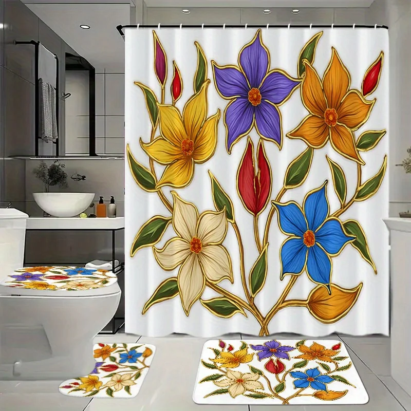 

4pcs Bathroom Set with 12 Hooks, a Shower Curtain, a Toilet Contour Mat, And a Toilet Seat Mat Are Bathroom Decor And Bathroom