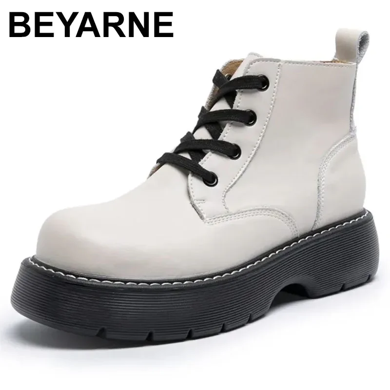 Women Booties  New Retro Thick Sole British Style Genuine Leather Women Ankle Boots Big Head Lace Up Women Marton Boots