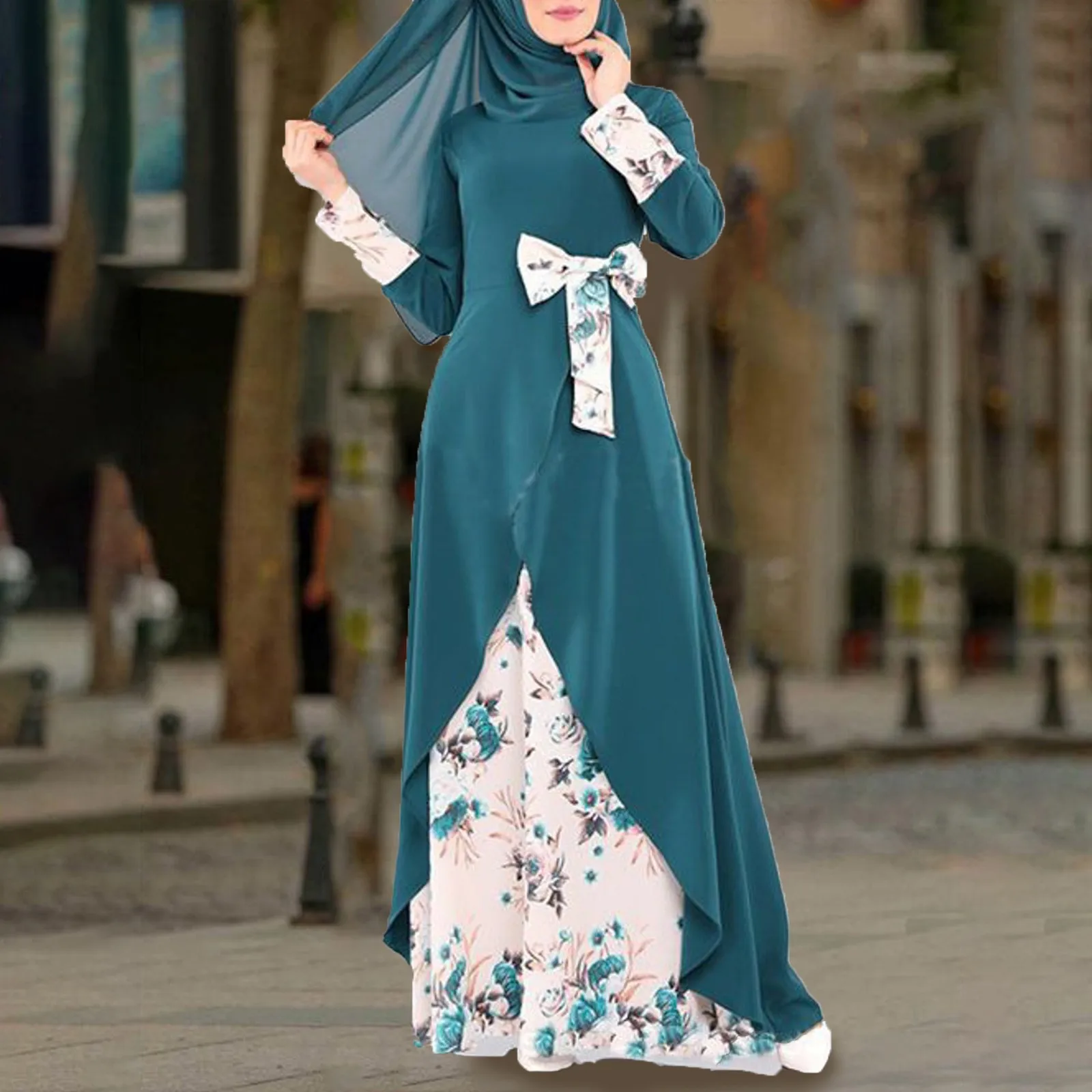 

New Retro Muslim Abayas Ethnic Patchwork O Neck High Waist Bow-knot Caftan Long-sleeved Lining Waving Hemline Holiday Dresses