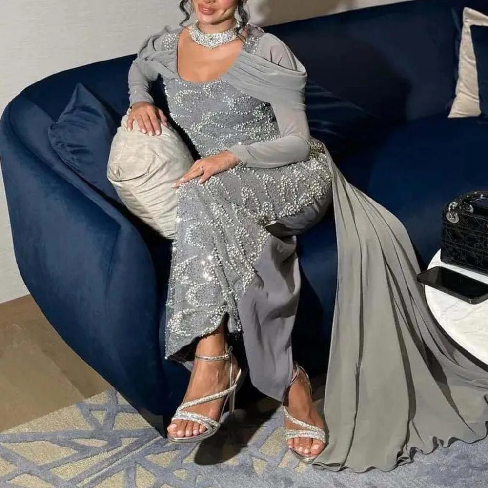 

Customized Watteau Train Evening Dress Sequin Embroidery Formal Occasion Dress Square Neck Off Shoulder vestidos gala novia