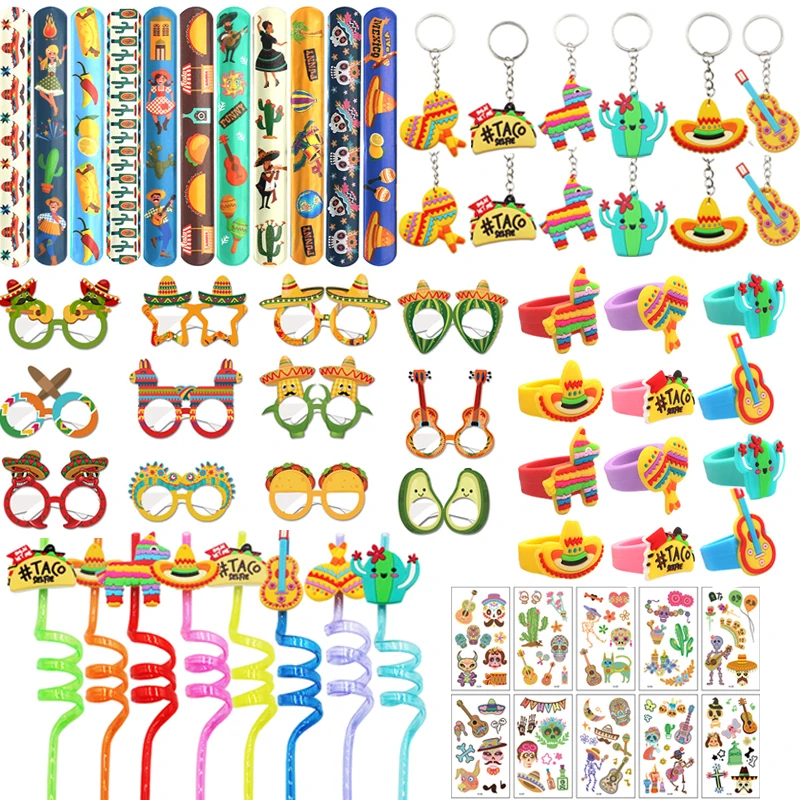 72pcs Fiesta Party Favors Mexican Eyeglasses Keychains Straws  Goodies Bag Stuffers Cinco De Mayo Theme Birthday Party Supplies