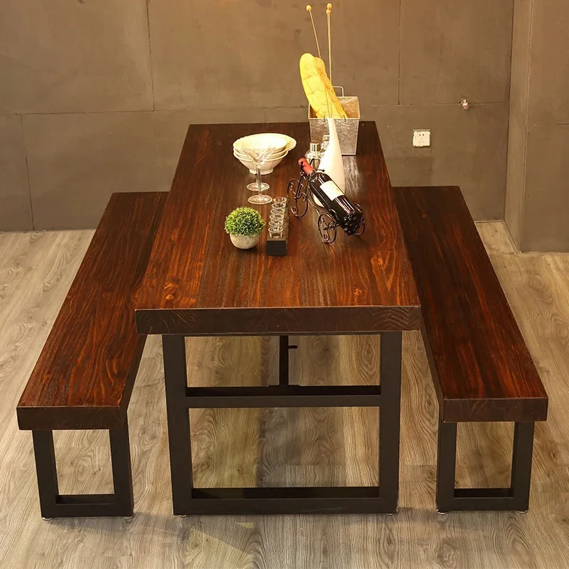 Retro dining table bar restaurant household solid wood dining table and chair combination creative wrought iron hotel dining tab