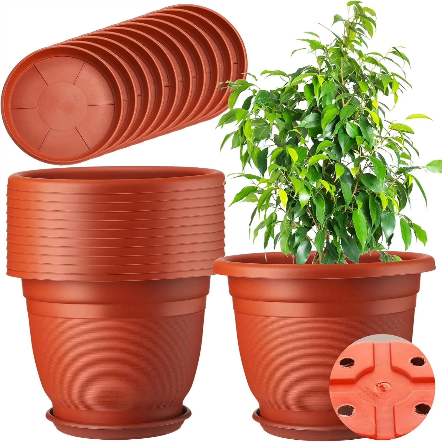 

12 Pack Plastic Plant Pots with Saucers, 12 Inch Round Planter Pots for Indoor Outdoor Flowers, Durable Resin Seedling