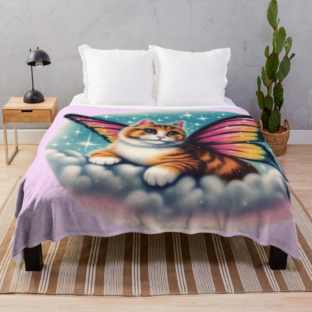 Super Cute Cat With Fairy Wings Throw Blanket Summer Beddings Quilt Decorative Sofa Blankets