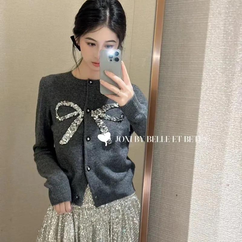 

Autumn Winter New Beaded Sequins Bow Knitted Cardigan Single-breasted Soft Sweater Women's Clothing Knit Coats Design Outerwear