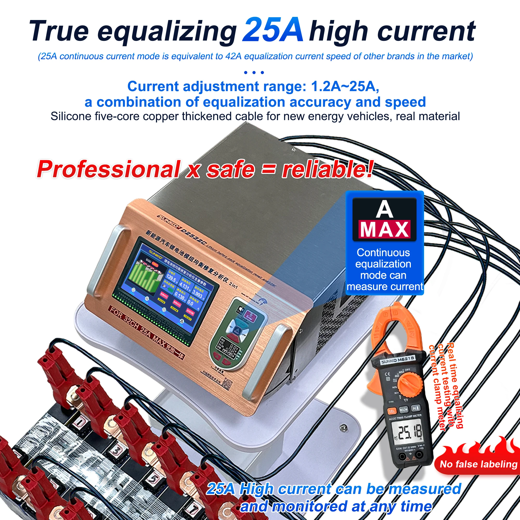 

SUNKKO D2532C Professional Battery Equalizer 1mV Precision 2-32S Auto Balancing Cooling System