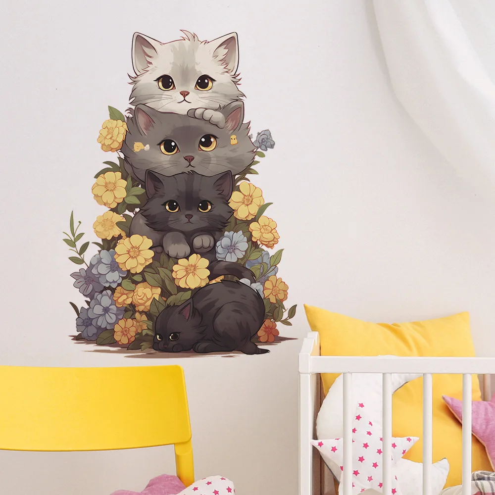 Cute Cat Vinyl Child Wall Stickers For Baby Girl Room Decoration Bedroom Accessories Adhesive Wallpaper Wall Decor Room Decor