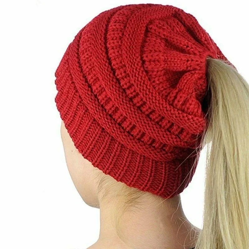 Gorro de punto de ganchillo elástico para mujer, gorros cálidos de Holey, moño desordenado, cola de caballo, Invierno