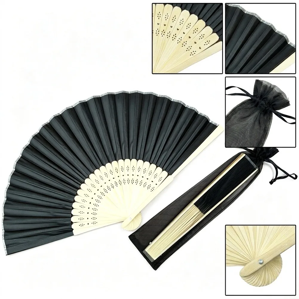 21 cm x 38 cm Black Silk Fan Set of 3 Hand-finished Rattan Frame Folding Fans for Cultural Exchange Gifts Souvenirs Collection