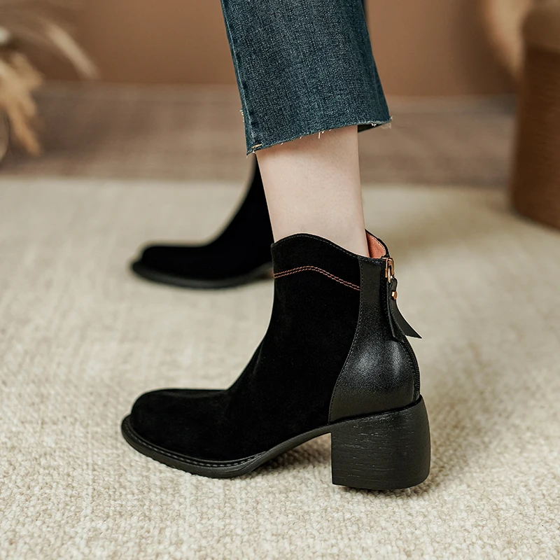 NEW Autumn/Winter Women Boots Round Toe Chunky Heel Boots Sheep Suede Leather Shoes for Women Retro Ankle Boots Botas De Mujer