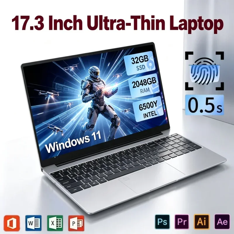 17.3" Notebook Intel 6500Y Windows 11 32GB RAM 2TB SSD Fingerprint Unlock High Storage Laptop For Content Creation & Office