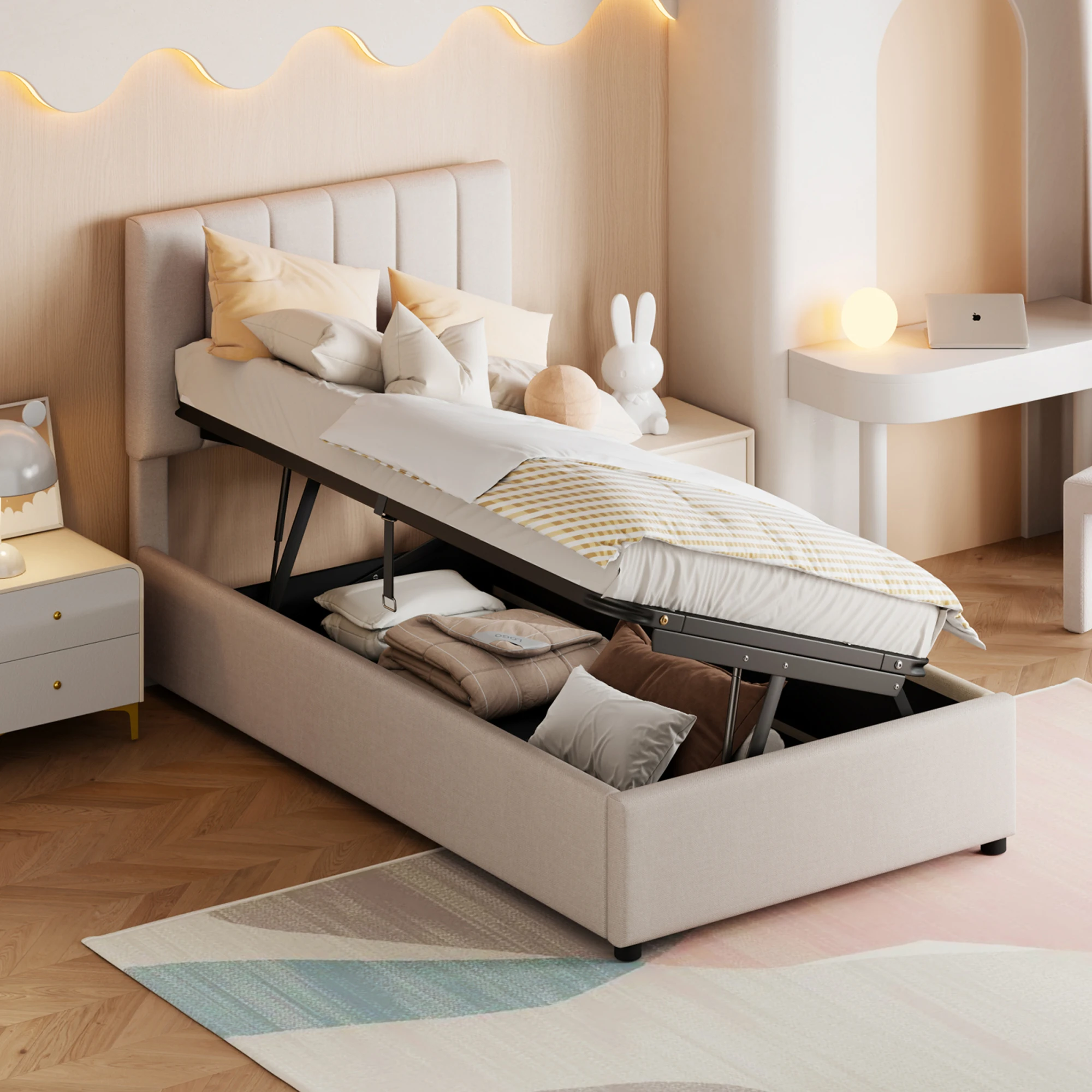 Lit enfant Superaly 90 x 200 cm, lit de rangement hydraulique avec tête de lit réglable en hauteur et sommier à lattes, cadre de lit simple pour adolescents, lin, beige