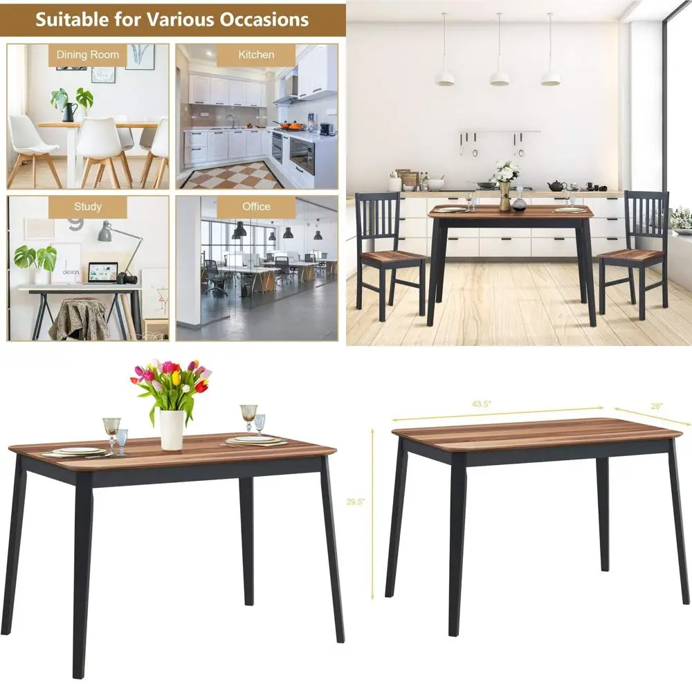 43.5 Walnut & Black Rectangular Dining Table with 4 Rubber Wood Legs for Kitchen and Dining Room