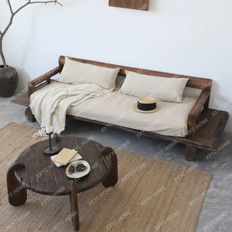 Wabi Sandy Wind Solid Wood Sofa Large Apartment Three-person Four-Season Universal Living Room Sofa Living