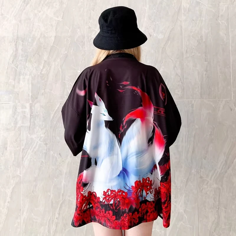 Japanese Kimono Cardigan Yukata Women's Japanese Streetwear Shirt Nine-tailed Demon Fox Print Haori Women's Kimono OBI Top