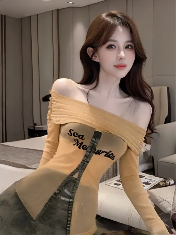 

Ретро-американская футболка с одним открытым плечом и длинным рукавом из сетки, базовая модель, бренд Nicole Rose, зимняя коллекция, женская мода