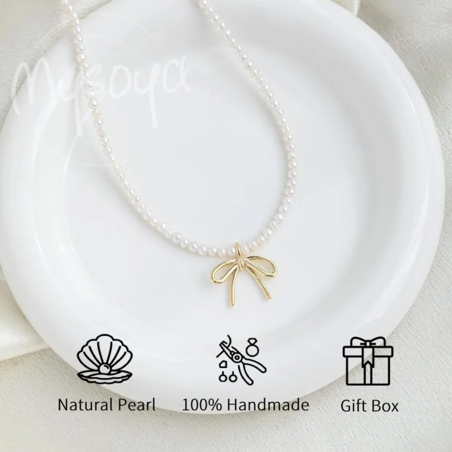 

Ожерелье из белого пресноводного жемчуга Mysoya 5-6 мм с подвеской-бантом и подарочной коробкой для нее и для него, на свадьбу, день рождения, День святого Валентина