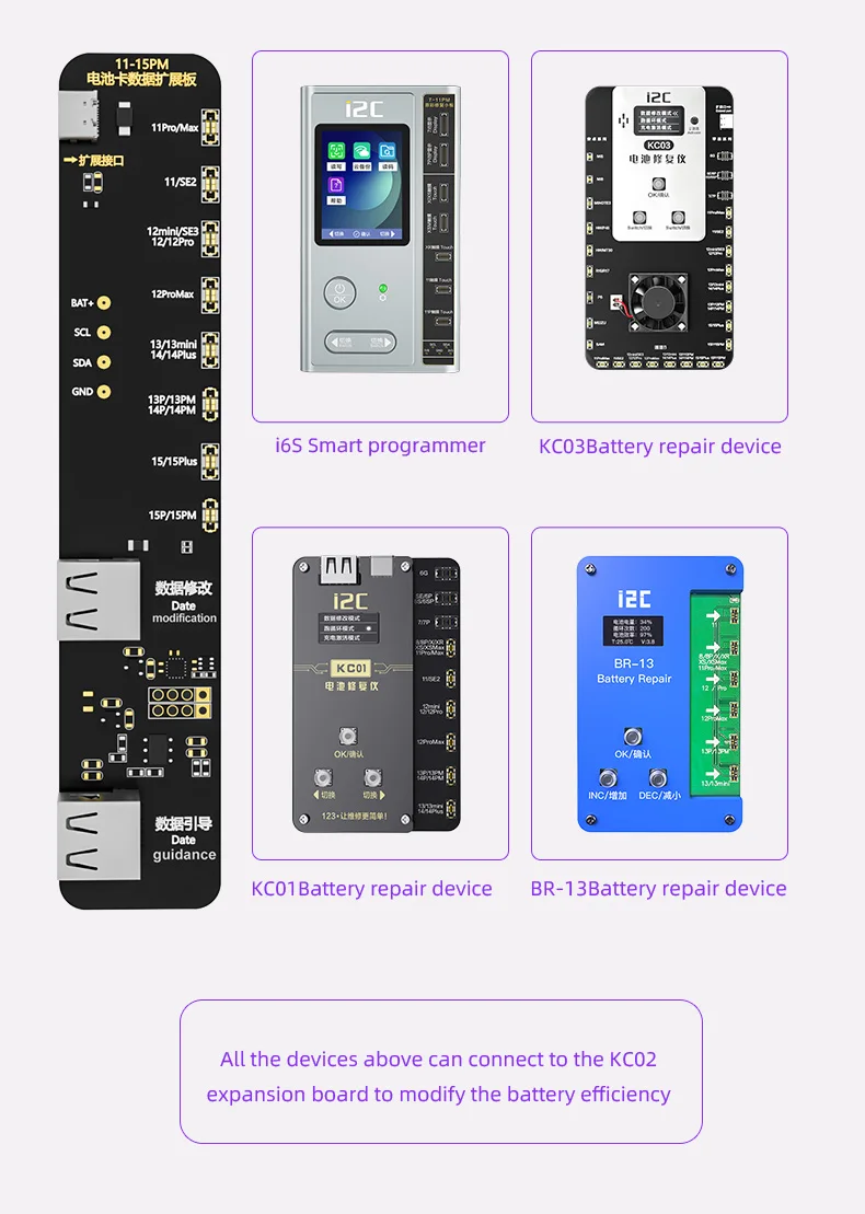 

I2C KC02 I6S KC03 KC01 BR-13 тестер аккумулятора, плата расширения для батареи iPhone 11-15, быстрое восстановление 100% эффективности