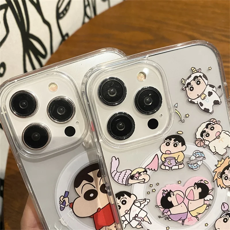 Casing Pengisi Daya Nirkabel Magsafe Kartun Crayon Shin-chan Lucu Anime 3D untuk iPhone 17 16 15 14 13 12 Pro Max Tempat Magnetik Lucu