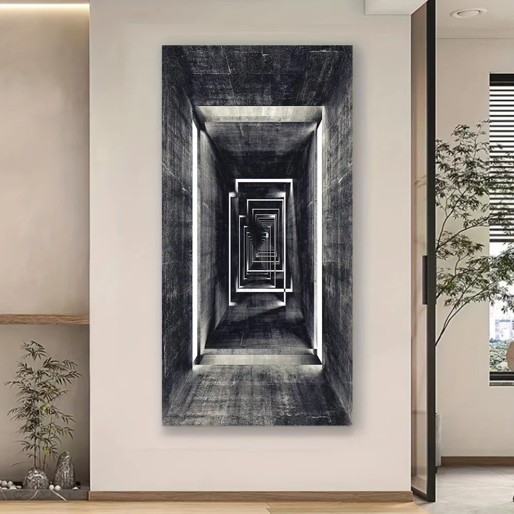 1pc frameless  Sci-fi Tunnel Scene Canvas Art Print for Bedroom, , Hallway - Black and White Poster, Space Room Decor