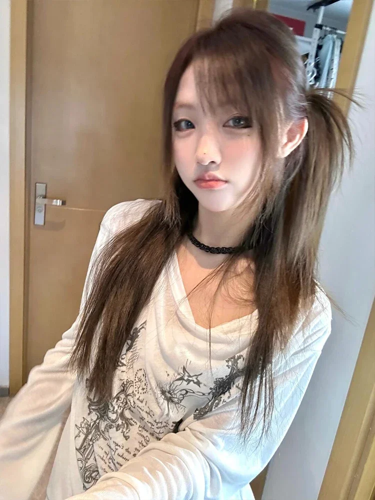 

Y2k винтажная футболка женская с длинным рукавом прозрачные топы с графическим принтом уличная одежда готические ретро топы в стиле гранж осень-лето