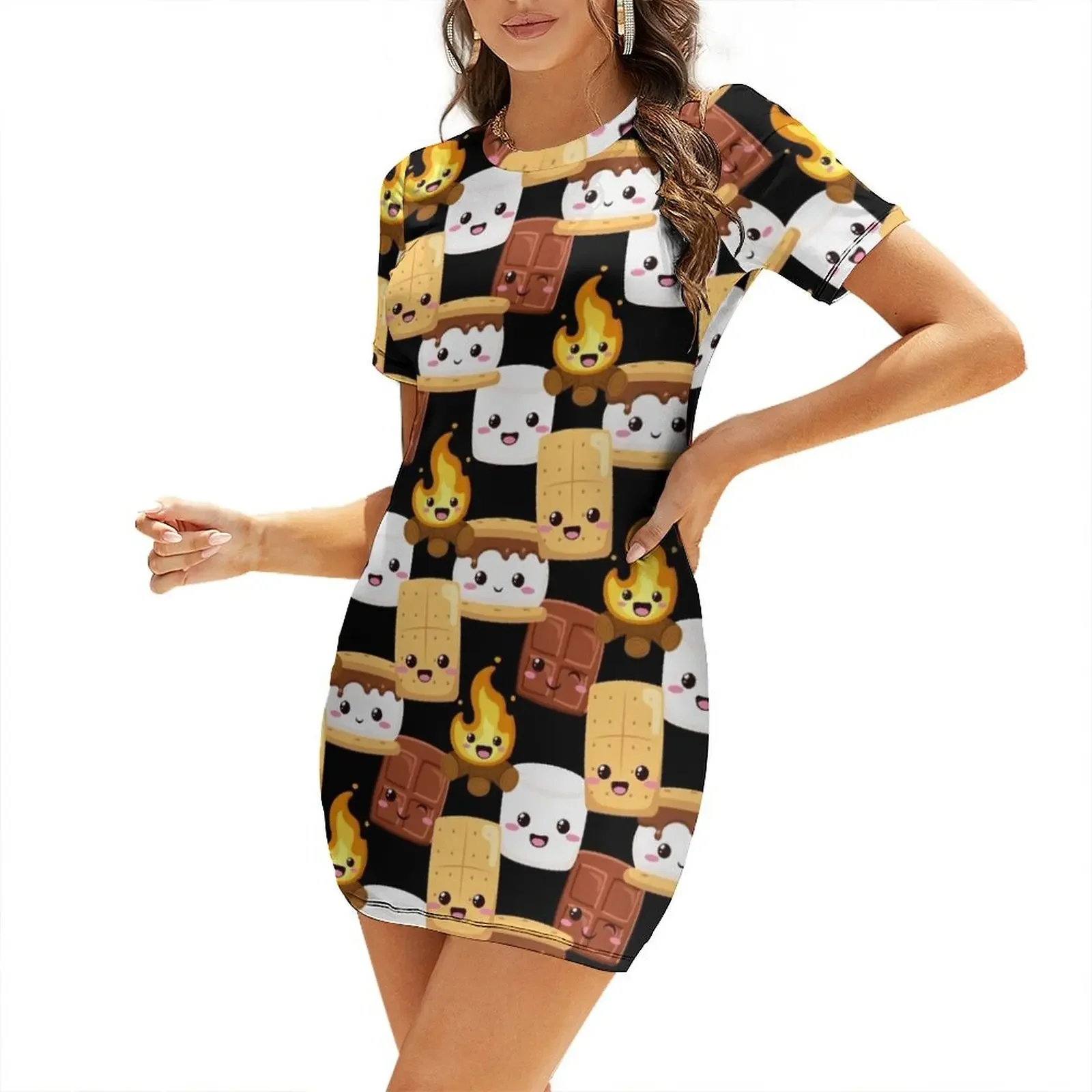 

Cute Kawaii Chocolate Marshmallow S'Mores Graham Cracker Campfire S'Mores Short-Sleeved Dress Summer dresses for women Dress