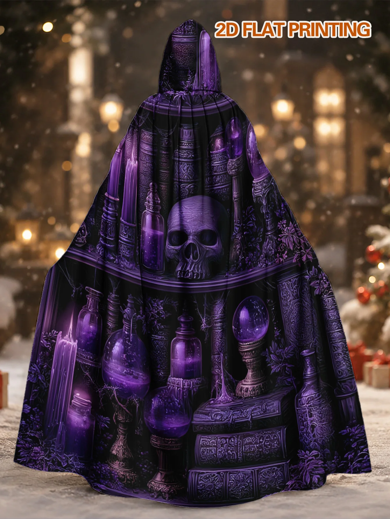 Customization 1pc, Full-Length Cloak With Gothic Purple Candle Shelf Elements Adult Polyester Hooded Cape, Perfect For Halloween