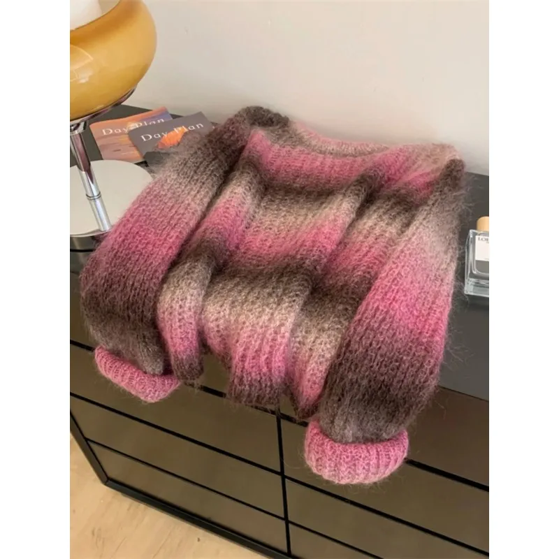 Gradient Color Round Neck Long Sleeve Mohair Sweater Autumn and Winter Women's Lazy Loose Casual Pullover Short Sweater