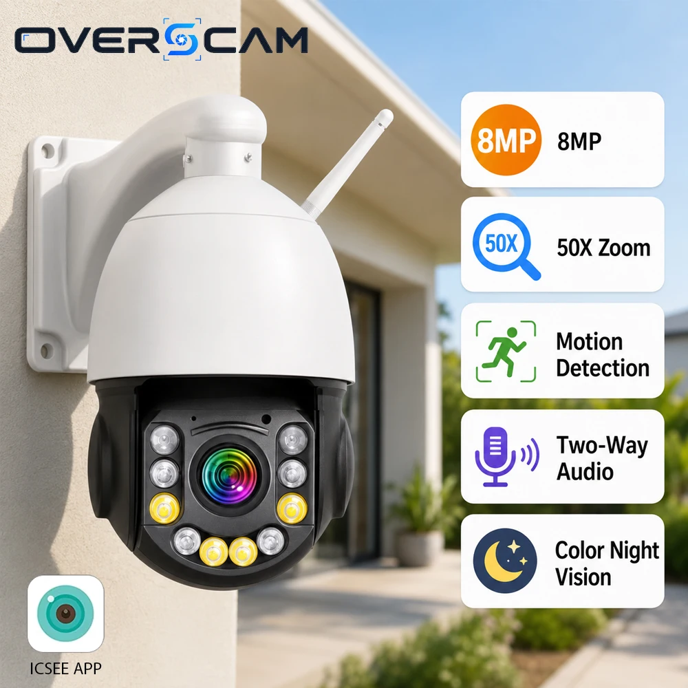 8MP Outdoor WiFi PTZ Security Camera 50X Digital Zoom ICSee App Two Way Audio AI Human Detection Color Night Vision CCTV Monitor