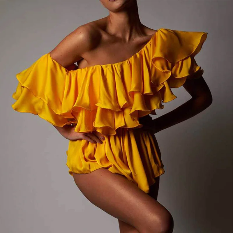 

Pure Color Pleated Sleeveless Wrap-Around Shoulder High Waist Short Dress Summer City Walk Fashion Women's Dress