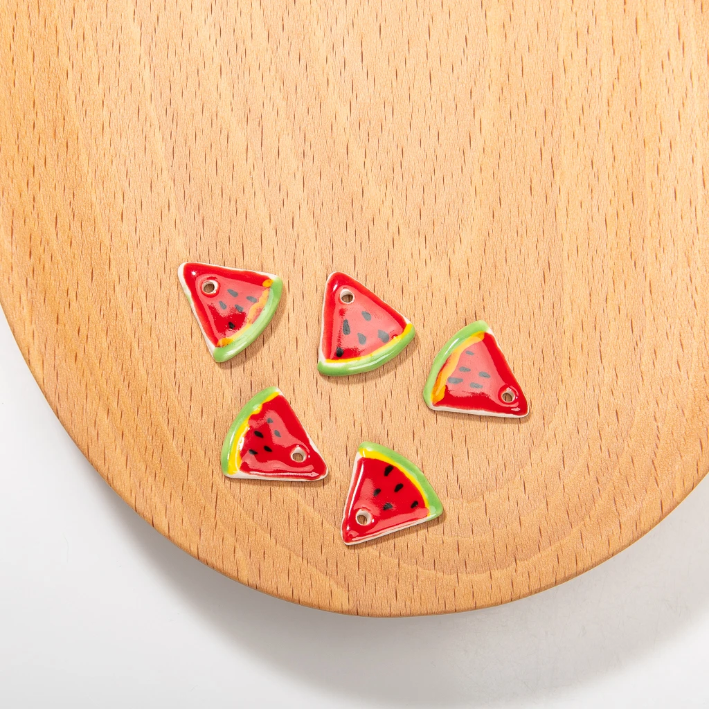 Handcrafted Ceramic Watermelon Slice Pendants Set 5 Pieces 19mm Colorful Porcelain Charms for DIY Jewelry