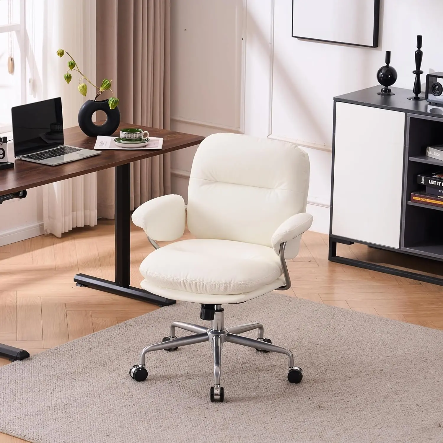 

Ergonomic Home Office Chairs Leather Office Chair, Comfortable Office Chair With Padded Armrests, Comfy Vanity Chair With Back,