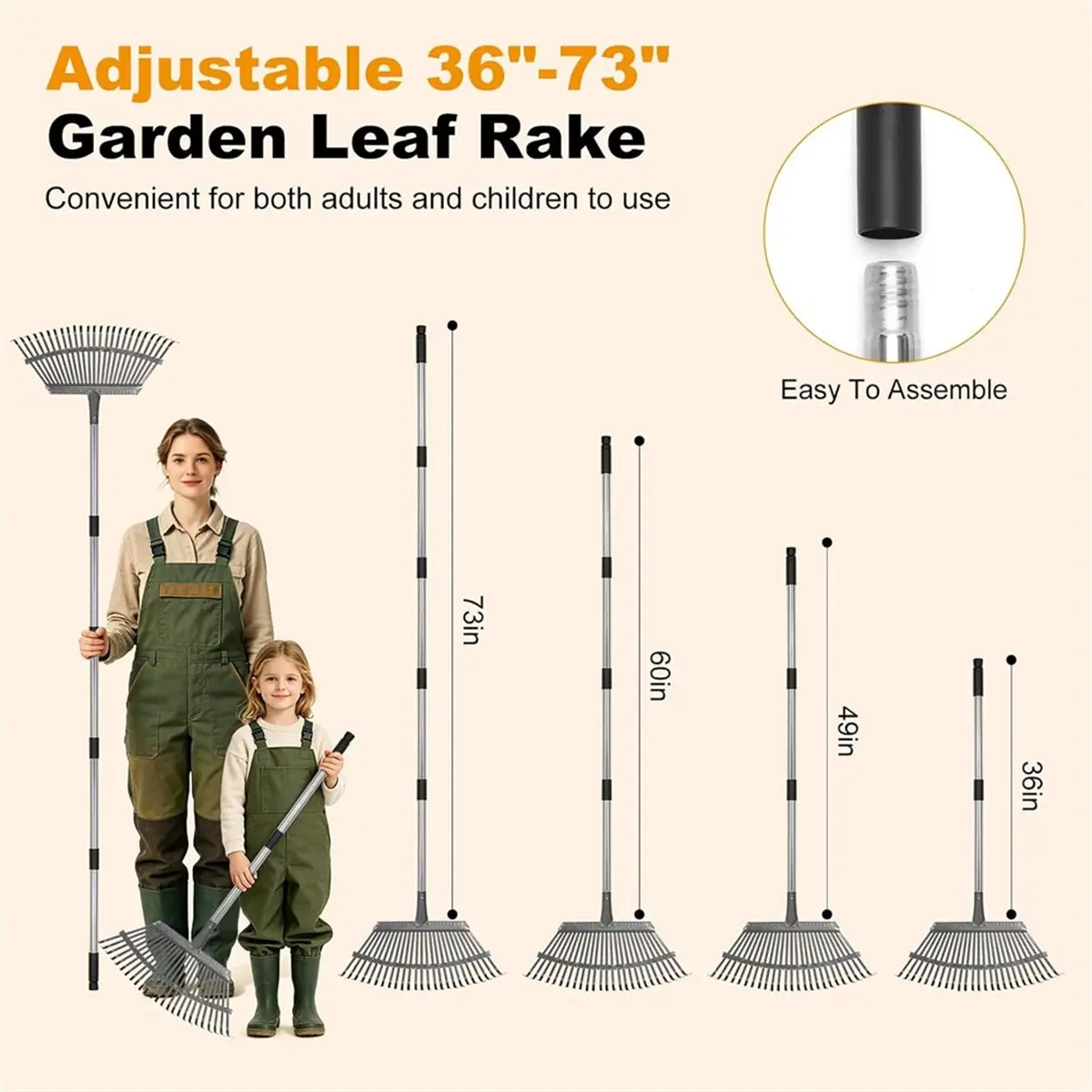 Heavy Duty Garden Rake, Metal Leaf Rake with 73 Inch Adjustable Handle and 25 Tines for Lawn, Yard, Garden Beds, Leaves
