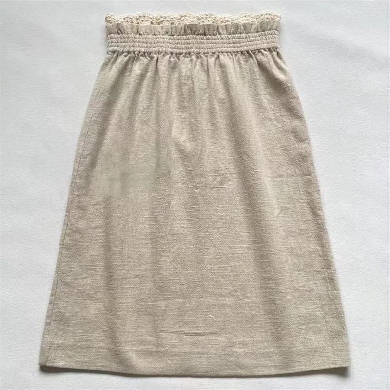 กระโปรงผู้หญิง กระโปรงยาวลูกไม้ปะติดปะต่อใหม่สำหรับฤดูใบไม้ร่วงปี 2025 ผ้าฝ้ายผสมป่าน กระโปรงทรงดินสอเอวยางยืดสำหรับผู้หญิง y2k