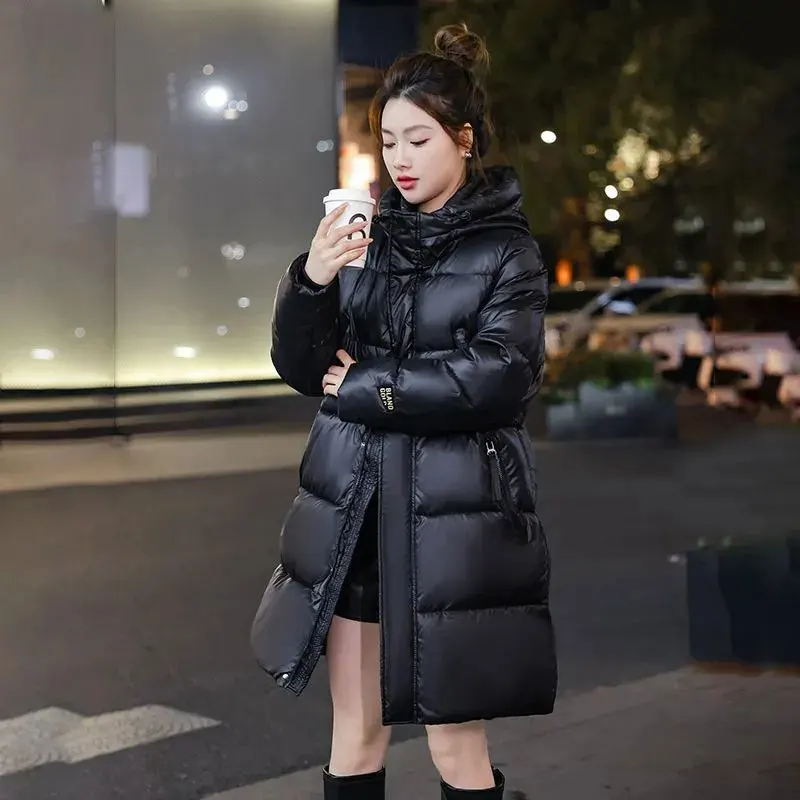 Black Gold No Wash Shiny Fashion Down Women's Cotton Jacket Mid Length Hooded New Warm Thick Loose Winter Padded Overcoat Female