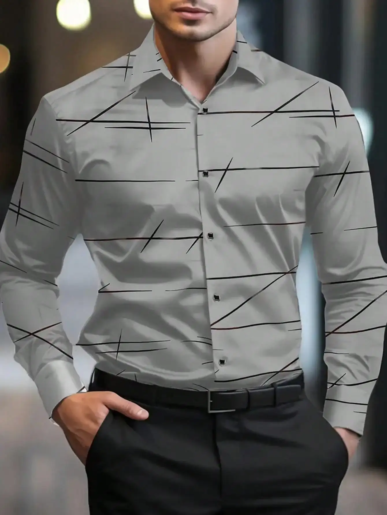 

Men's Slim Fit Long Sleeve Button-Up Shirt with Abstract Line Print, Casual Business Wear