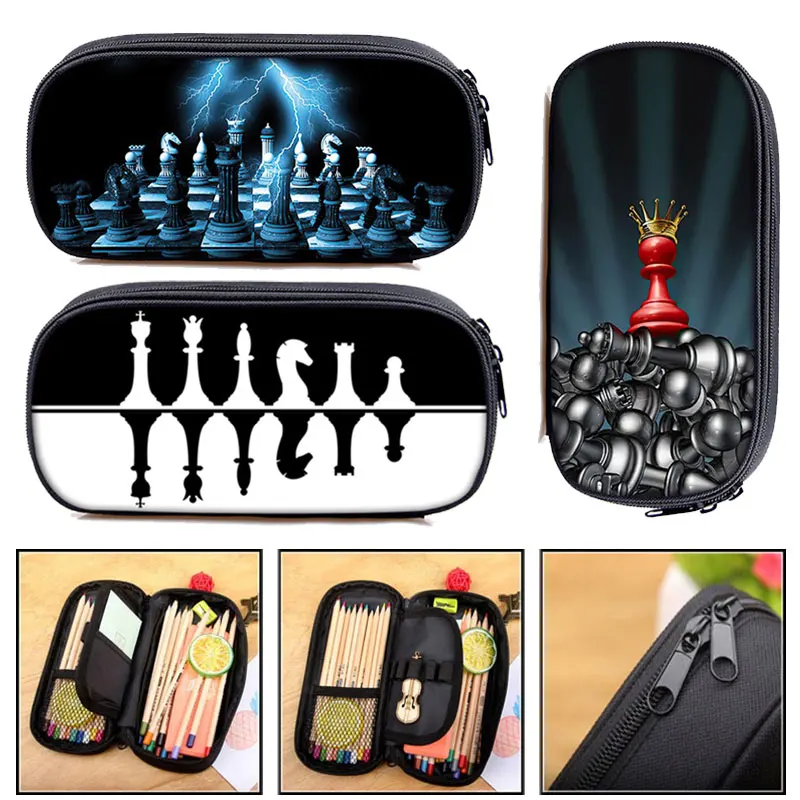 Chess Player Game Print Cosmetic Case Chess Pencil Bag Checkmate Pencil Box Stationary Bag Travel Organizer School Case Supplies