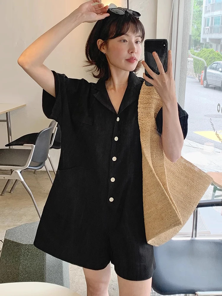 

Chic Summer Vintage Lapel Single Button Loose ket ort Sve Overalls Wide Leg Pants orts Women's Faion Commute Sle