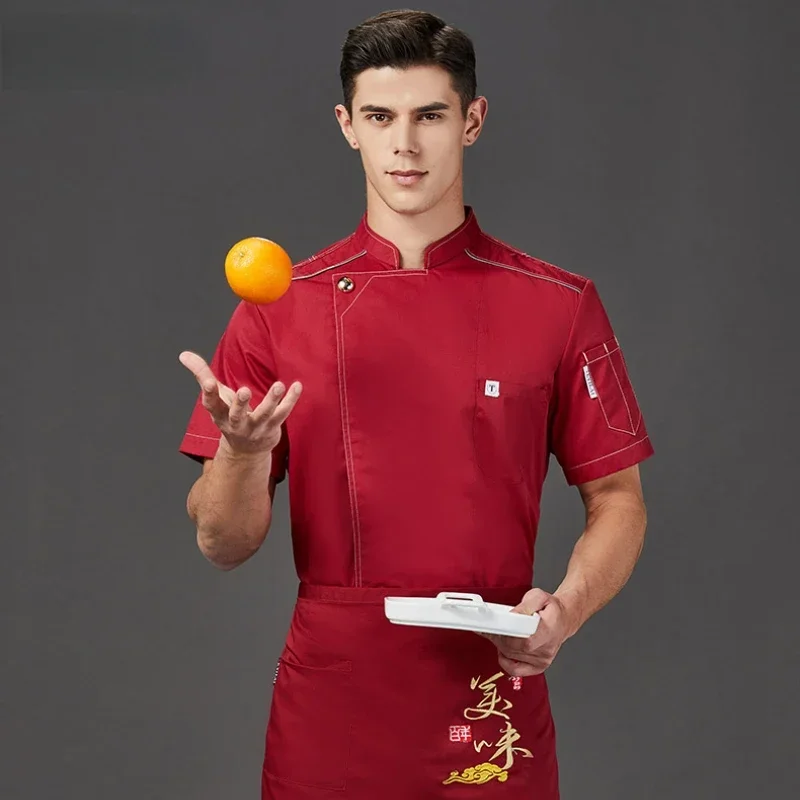 Zomer Chef Uniform Stand Kraag Pizza Kok Uniform Koksjas Korte Mouwen Restaurant Uniform Mannen Keuken Catering Kok Jas